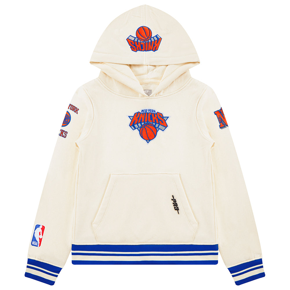 NBA NEW YORK KNICKS RETRO CLASSIC BIG BOY'S RIB FLEECE PULLOVER HOODIE (EGGSHELL/ROYAL BLUE)