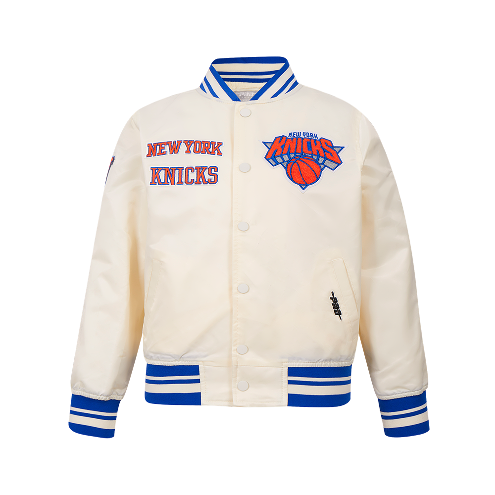 NBA NEW YORK KNICKS RETRO CLASSIC BIG BOY'S RIB SATIN JACKET (EGGSHELL/ROYAL BLUE)