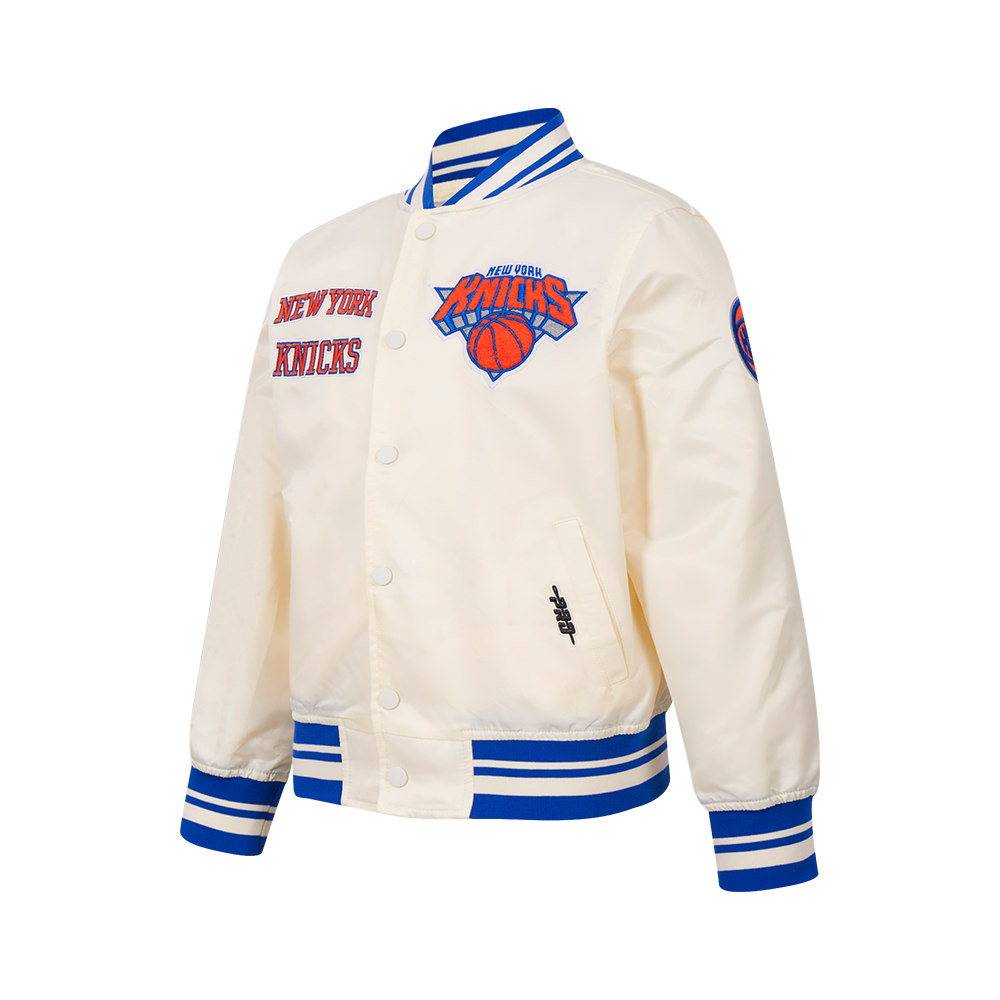 NBA NEW YORK KNICKS RETRO CLASSIC BIG BOY'S RIB SATIN JACKET (EGGSHELL/ROYAL BLUE)