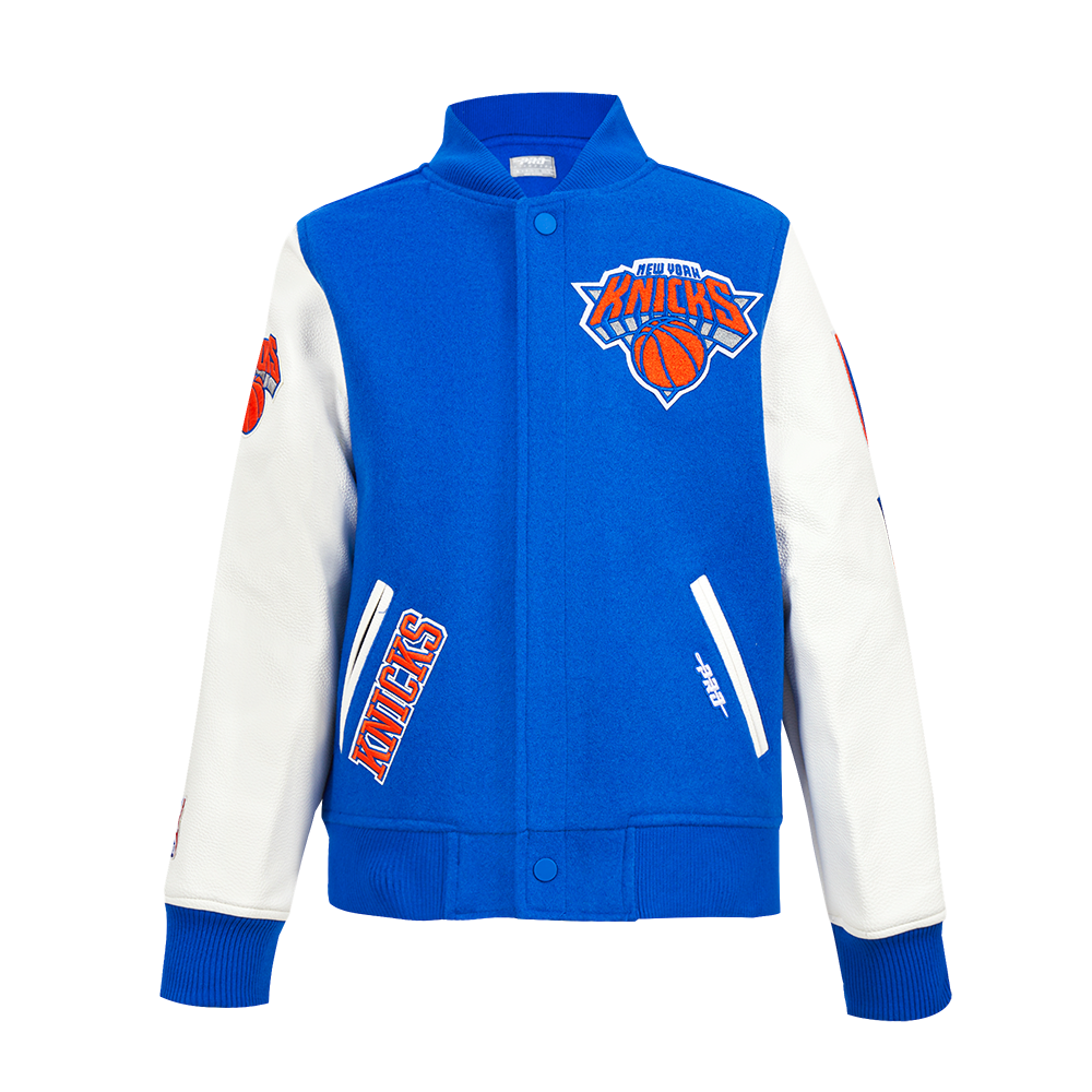 NBA NEW YORK KNICKS CLASSIC BLOUSON COLLÉGIAL EN LAINE POUR GARÇON JUNIOR (BLEU ROYAL/BLANC)