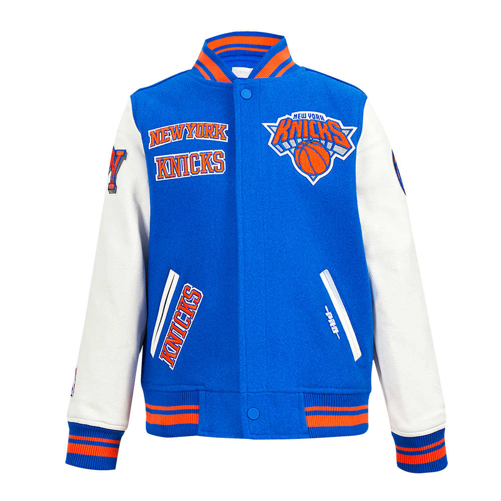 NBA NEW YORK KNICKS RETRO CLASSIC BIG BOY'S RIB WOOL VARSITY JACKET (ROYAL/ORANGE/ROYAL)
