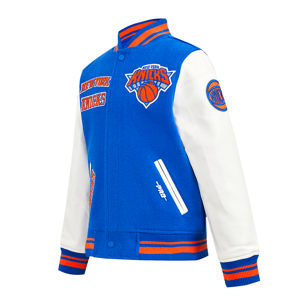 NBA NEW YORK KNICKS RETRO CLASSIC BIG BOY'S RIB WOOL VARSITY JACKET (ROYAL/ORANGE/ROYAL)