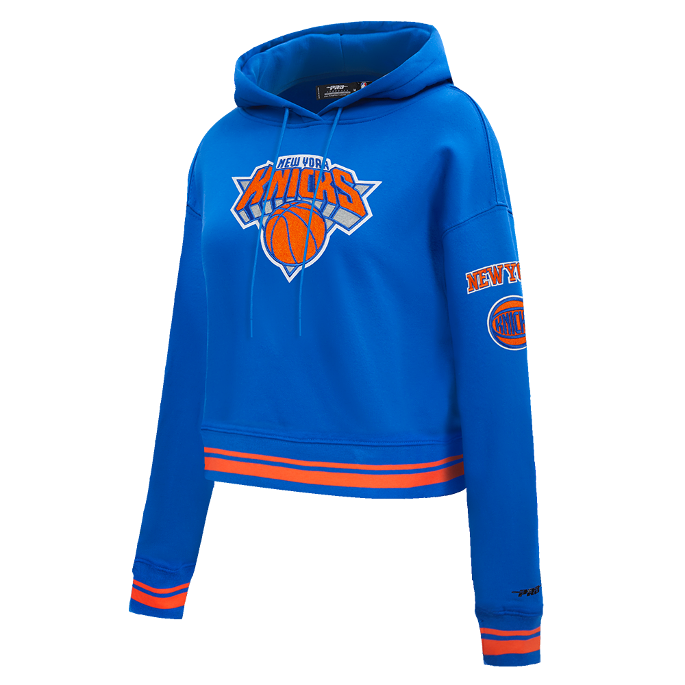 NBA NEW YORK KNICKS RETRO CLASSIC WOMEN'S RIB CROPPED PULLOVER HOODIE (ROYAL/ORANGE/ROYAL)