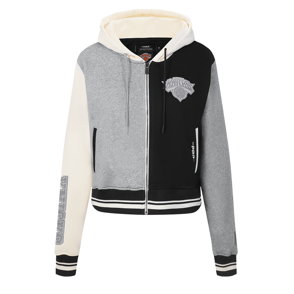 NBA NEW YORK KNICKS REVERSE FRENCH TERRY WOMEN'S COLOR BLOCK FLEECE FULL ZIP HOODIE (BLACK/GRAY/EGGSHELL)