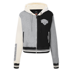 NBA NEW YORK KNICKS REVERSE FRENCH TERRY WOMEN'S COLOR BLOCK FLEECE FULL ZIP HOODIE (BLACK/GRAY/EGGSHELL)