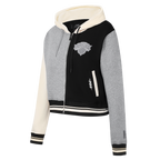 NBA NEW YORK KNICKS REVERSE FRENCH TERRY WOMEN'S COLOR BLOCK FLEECE FULL ZIP HOODIE (BLACK/GRAY/EGGSHELL)