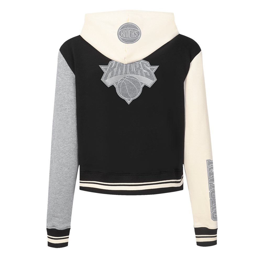 NBA NEW YORK KNICKS REVERSE FRENCH TERRY WOMEN'S COLOR BLOCK FLEECE FULL ZIP HOODIE (BLACK/GRAY/EGGSHELL)