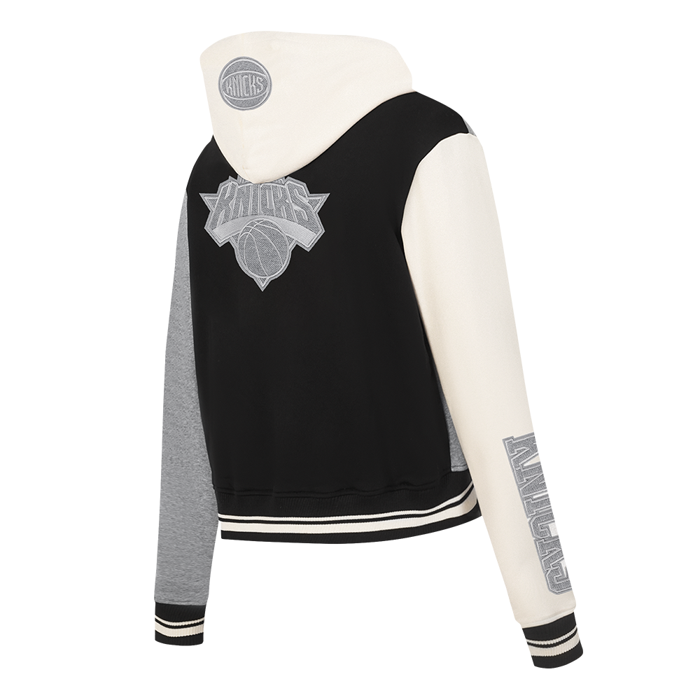 NBA NEW YORK KNICKS REVERSE FRENCH TERRY WOMEN'S COLOR BLOCK FLEECE FULL ZIP HOODIE (BLACK/GRAY/EGGSHELL)