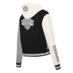NBA NEW YORK KNICKS REVERSE FRENCH TERRY WOMEN'S COLOR BLOCK FLEECE FULL ZIP HOODIE (BLACK/GRAY/EGGSHELL)