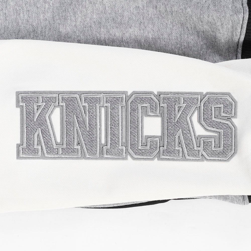 NBA NEW YORK KNICKS REVERSE FRENCH TERRY WOMEN'S COLOR BLOCK FLEECE FULL ZIP HOODIE (BLACK/GRAY/EGGSHELL)