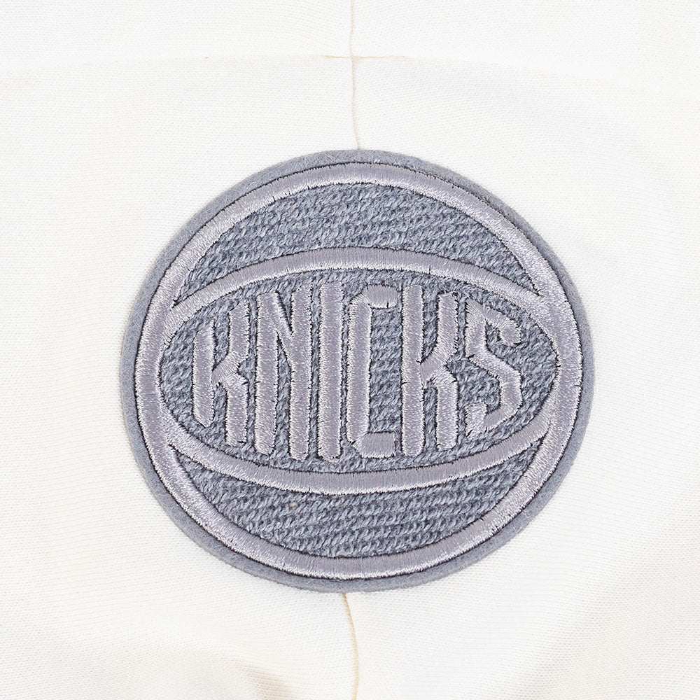 NBA NEW YORK KNICKS REVERSE FRENCH TERRY WOMEN'S COLOR BLOCK FLEECE FULL ZIP HOODIE (BLACK/GRAY/EGGSHELL)