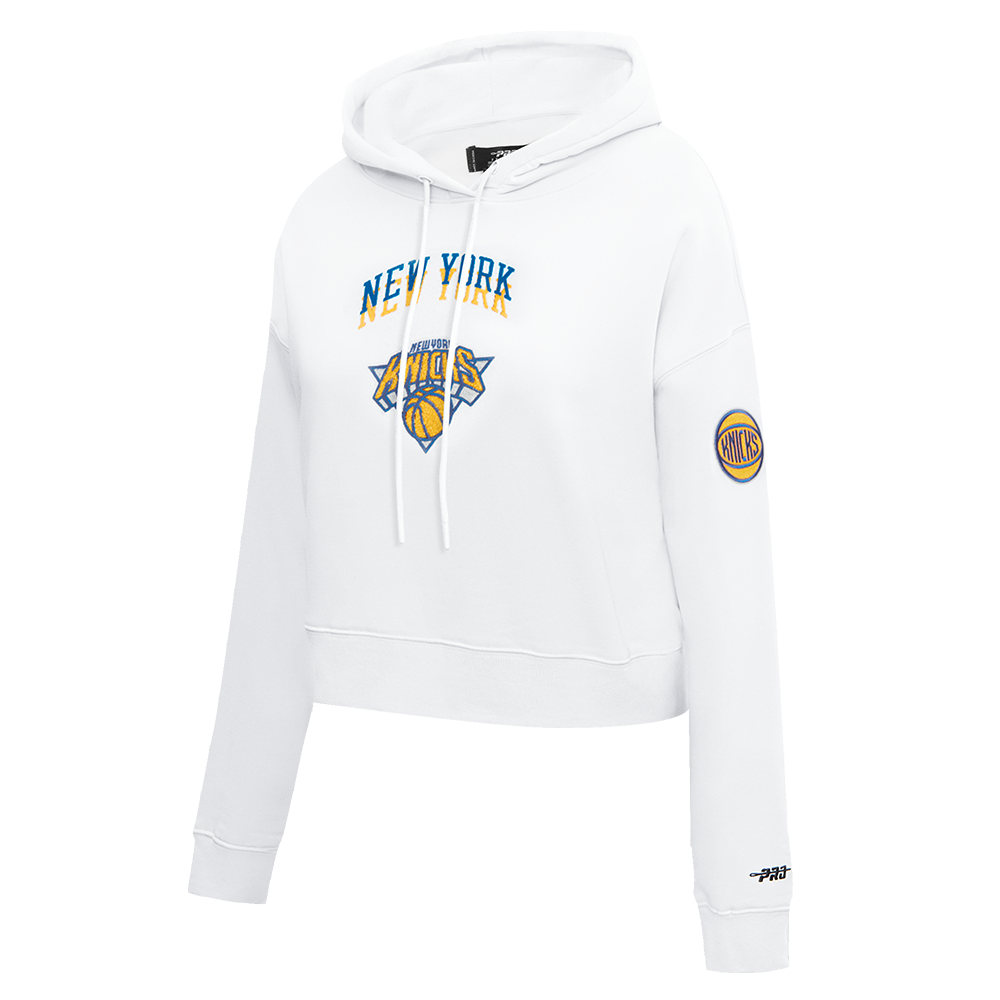NBA NEW YORK KNICKS CITY EDITION 24-25 WOMEN'S FLEECE CROPPED PULLOVER HOODIE (WHITE)