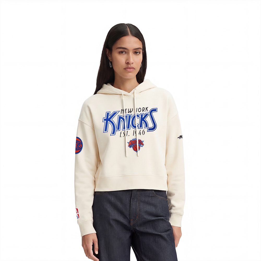 NBA NEW YORK KNICKS PARADISE WOMEN'S CROPPED PULLOVER HOODIE (EGGSHELL)