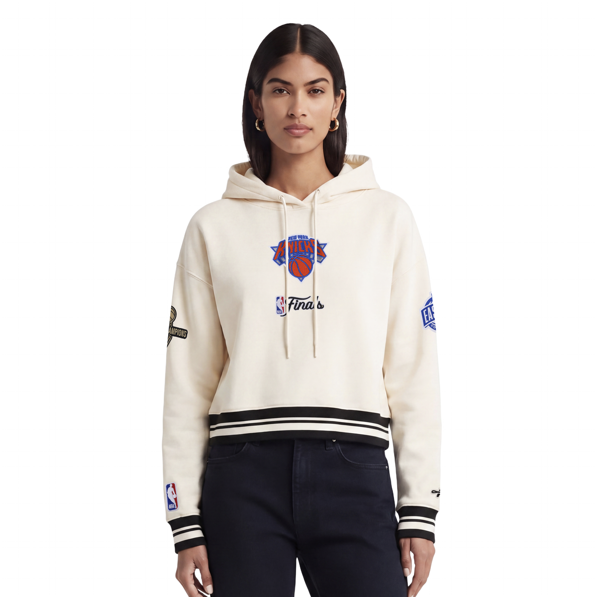 NEW YORK KNICKS 2026 NBA CHAMPIONSHIP WOMEN'S CROPPED PULLOVER HOODIE (EGGSHELL/ BLACK)