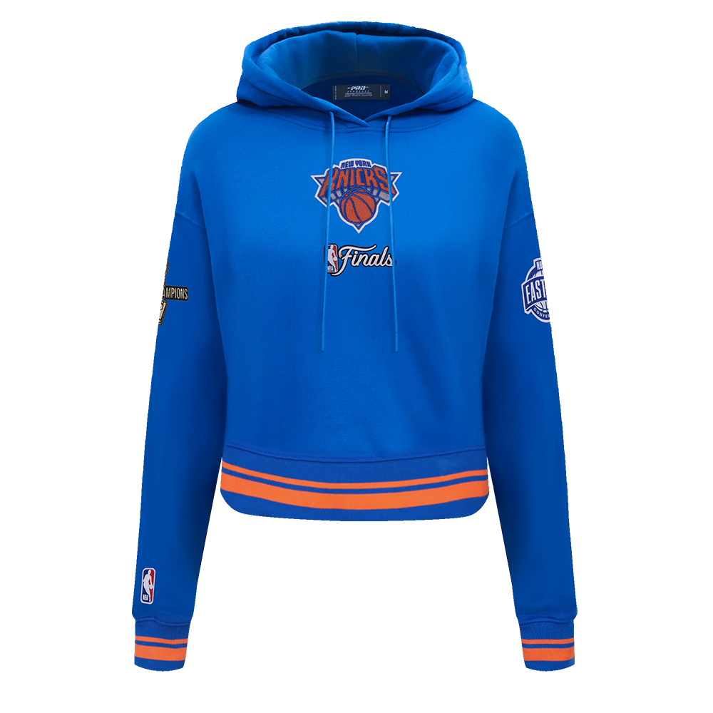 NBA NEW YORK KNICKS CHANDAIL À CAPUCHON DU CHAMPIONNAT 2026 COURT POUR FEMME (BLEU ROYAL/ORANGE/BLEU ROYAL)