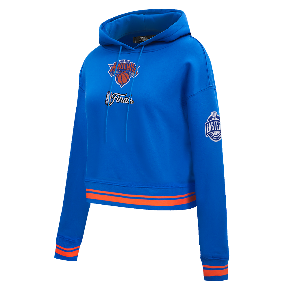 NBA NEW YORK KNICKS CHANDAIL À CAPUCHON DU CHAMPIONNAT 2026 COURT POUR FEMME (BLEU ROYAL/ORANGE/BLEU ROYAL)