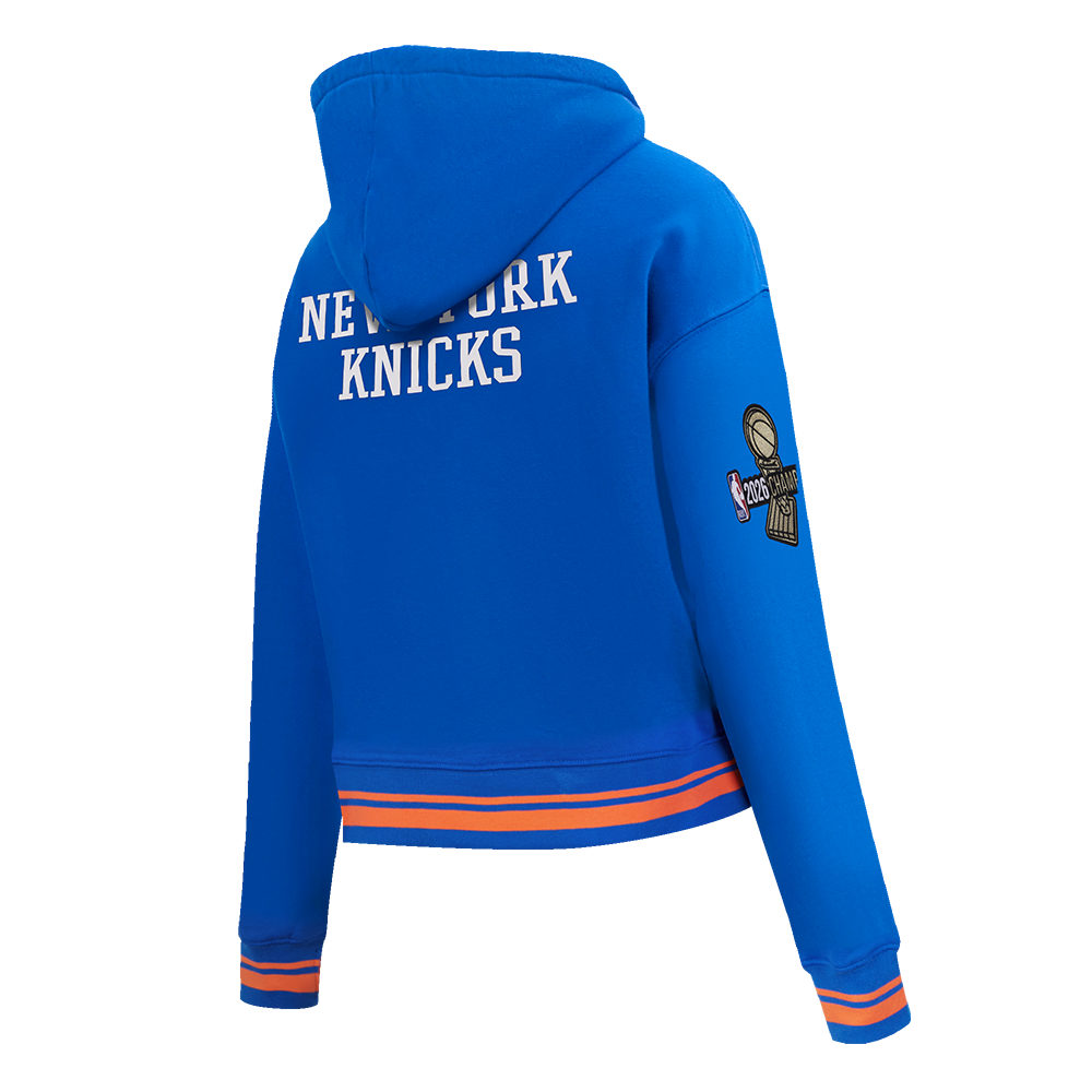 NBA NEW YORK KNICKS CHANDAIL À CAPUCHON DU CHAMPIONNAT 2026 COURT POUR FEMME (BLEU ROYAL/ORANGE/BLEU ROYAL)