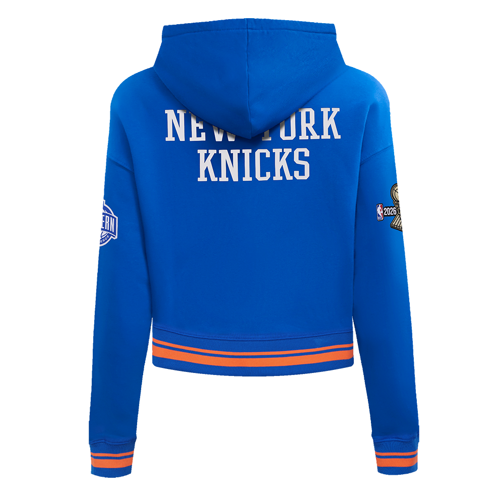 NBA NEW YORK KNICKS CHANDAIL À CAPUCHON DU CHAMPIONNAT 2026 COURT POUR FEMME (BLEU ROYAL/ORANGE/BLEU ROYAL)