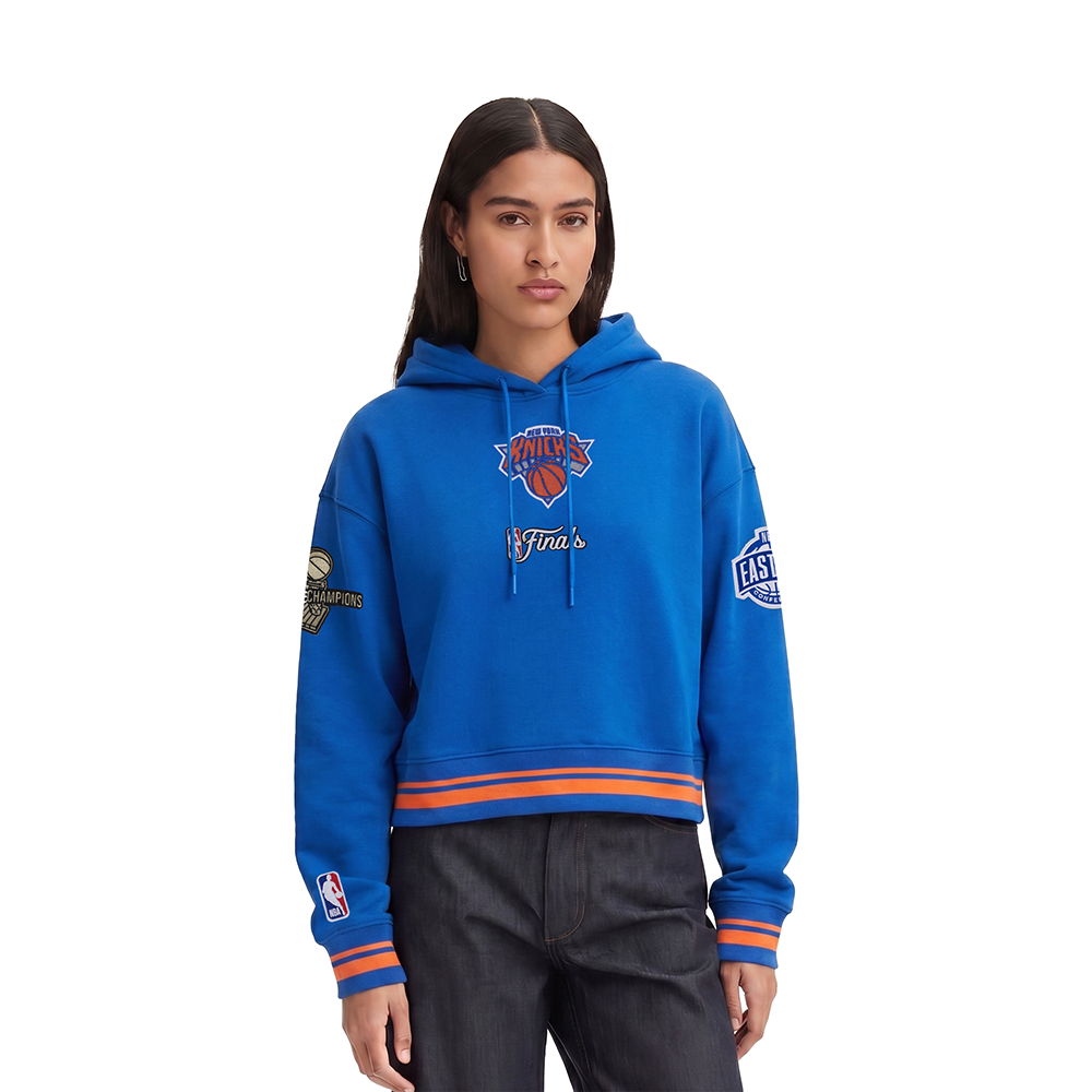 NBA NEW YORK KNICKS CHANDAIL À CAPUCHON DU CHAMPIONNAT 2026 COURT POUR FEMME (BLEU ROYAL/ORANGE/BLEU ROYAL)