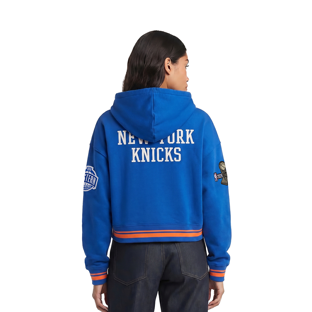 NEW YORK KNICKS 2026 NBA CHAMPIONSHIP   WOMEN'S CROPPED PULLOVER HOODIE (ROYAL/ORANGE/ROYAL)
