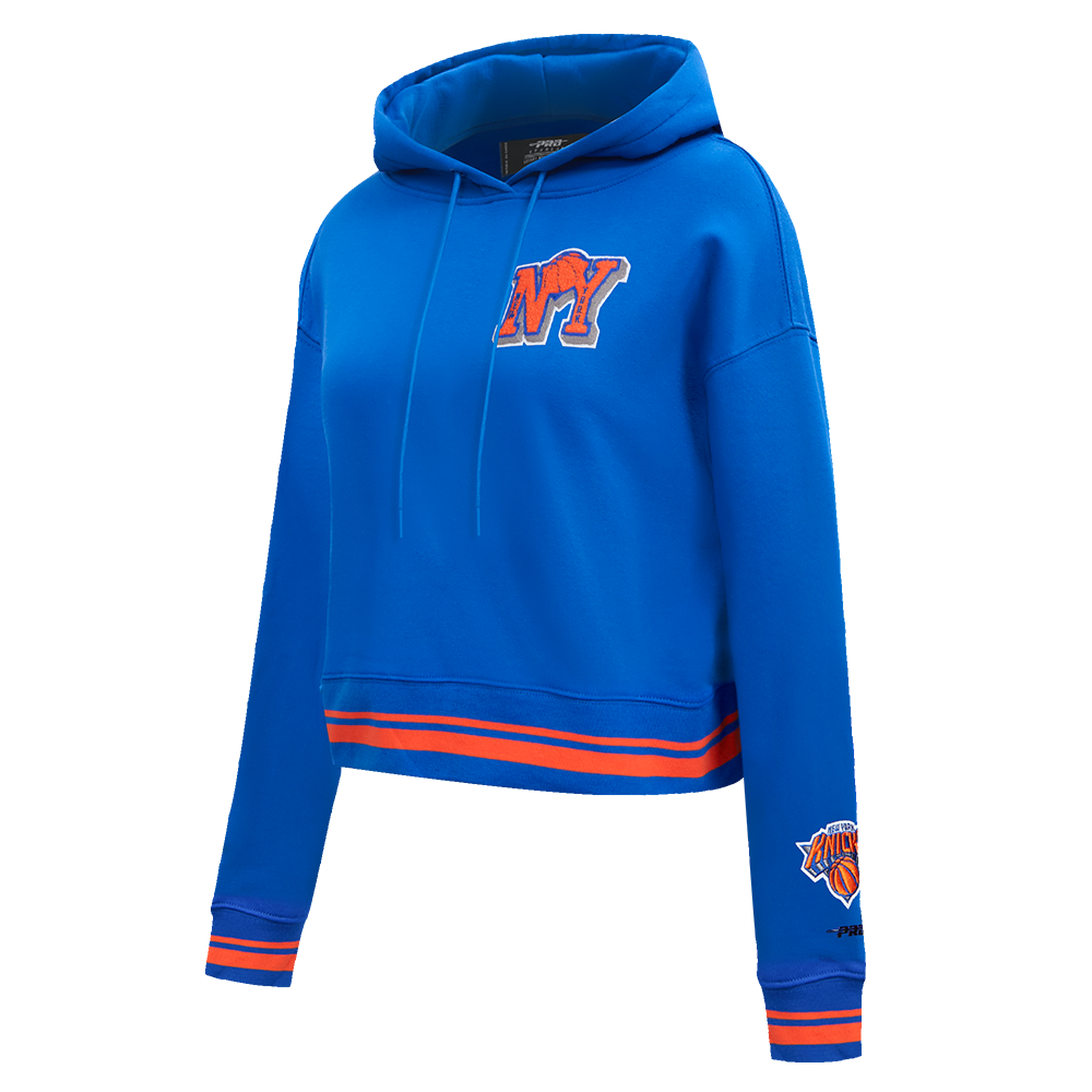 NBA NEW YORK KNICKS MASHUP WOMEN'S RIB CROPPED PULLOVER HOODIE (ROYAL/ORANGE/ROYAL)