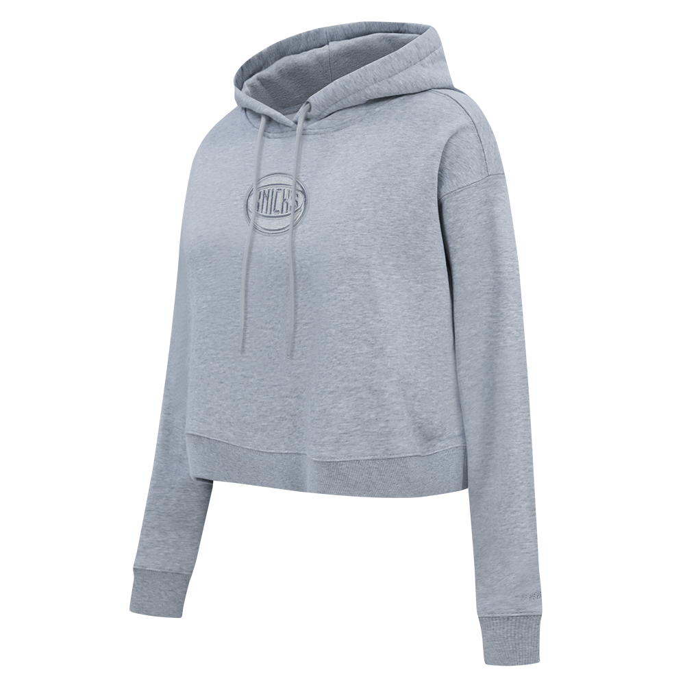NBA NEW YORK KNICKS NEUTRAL CROPPED FLEECE PULLOVER HOODIE (DARK HEATHER GRAY)