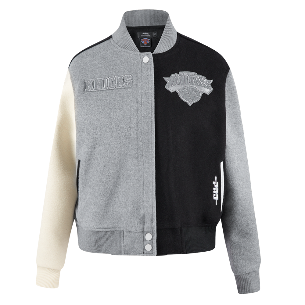 NBA NEW YORK KNICKS REVERSE FRENCH TERRY WOMEN'S WOOL VARSITY JACKET (BLACK/GRAY/EGGSHELL)