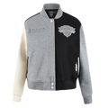 NBA NEW YORK KNICKS REVERSE FRENCH TERRY WOMEN'S WOOL VARSITY JACKET (BLACK/GRAY/EGGSHELL)
