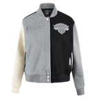 NBA NEW YORK KNICKS REVERSE FRENCH TERRY WOMEN'S WOOL VARSITY JACKET (BLACK/GRAY/EGGSHELL)