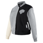 NBA NEW YORK KNICKS REVERSE FRENCH TERRY WOMEN'S WOOL VARSITY JACKET (BLACK/GRAY/EGGSHELL)
