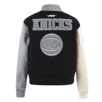 NBA NEW YORK KNICKS REVERSE FRENCH TERRY WOMEN'S WOOL VARSITY JACKET (BLACK/GRAY/EGGSHELL)