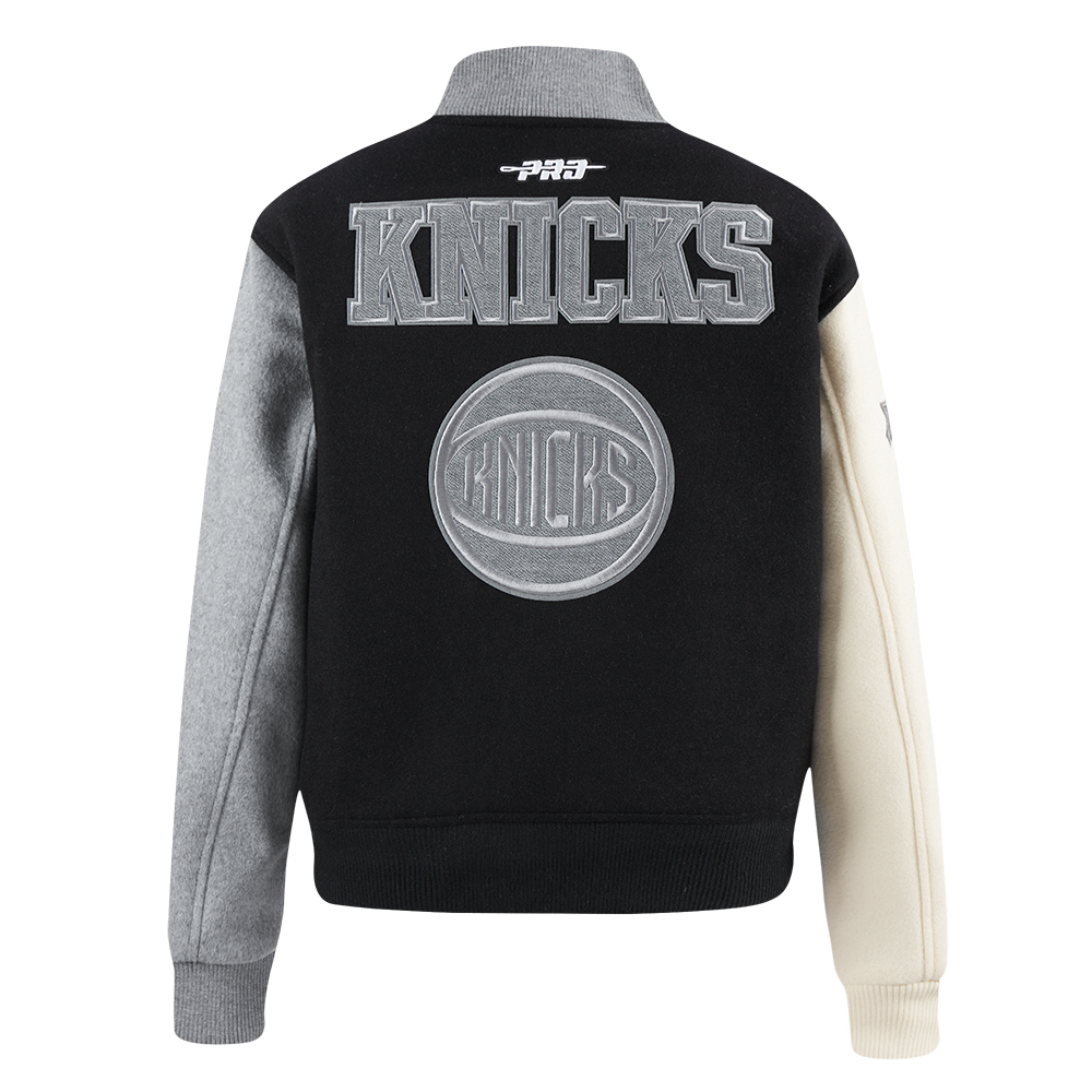 NBA NEW YORK KNICKS REVERSE FRENCH TERRY WOMEN'S WOOL VARSITY JACKET (BLACK/GRAY/EGGSHELL)
