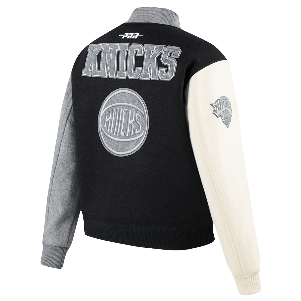 NBA NEW YORK KNICKS REVERSE FRENCH TERRY WOMEN'S WOOL VARSITY JACKET (BLACK/GRAY/EGGSHELL)