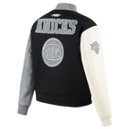 NBA NEW YORK KNICKS REVERSE FRENCH TERRY WOMEN'S WOOL VARSITY JACKET (BLACK/GRAY/EGGSHELL)