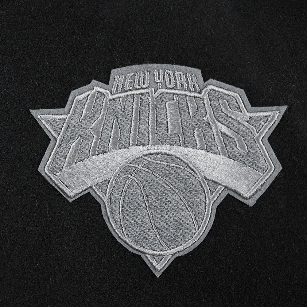 NBA NEW YORK KNICKS REVERSE FRENCH TERRY WOMEN'S WOOL VARSITY JACKET (BLACK/GRAY/EGGSHELL)