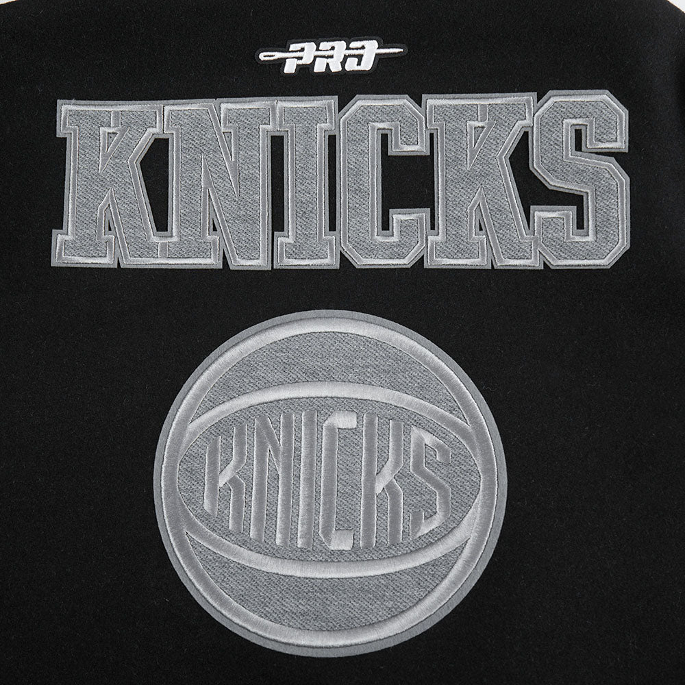 NBA NEW YORK KNICKS REVERSE FRENCH TERRY WOMEN'S WOOL VARSITY JACKET (BLACK/GRAY/EGGSHELL)