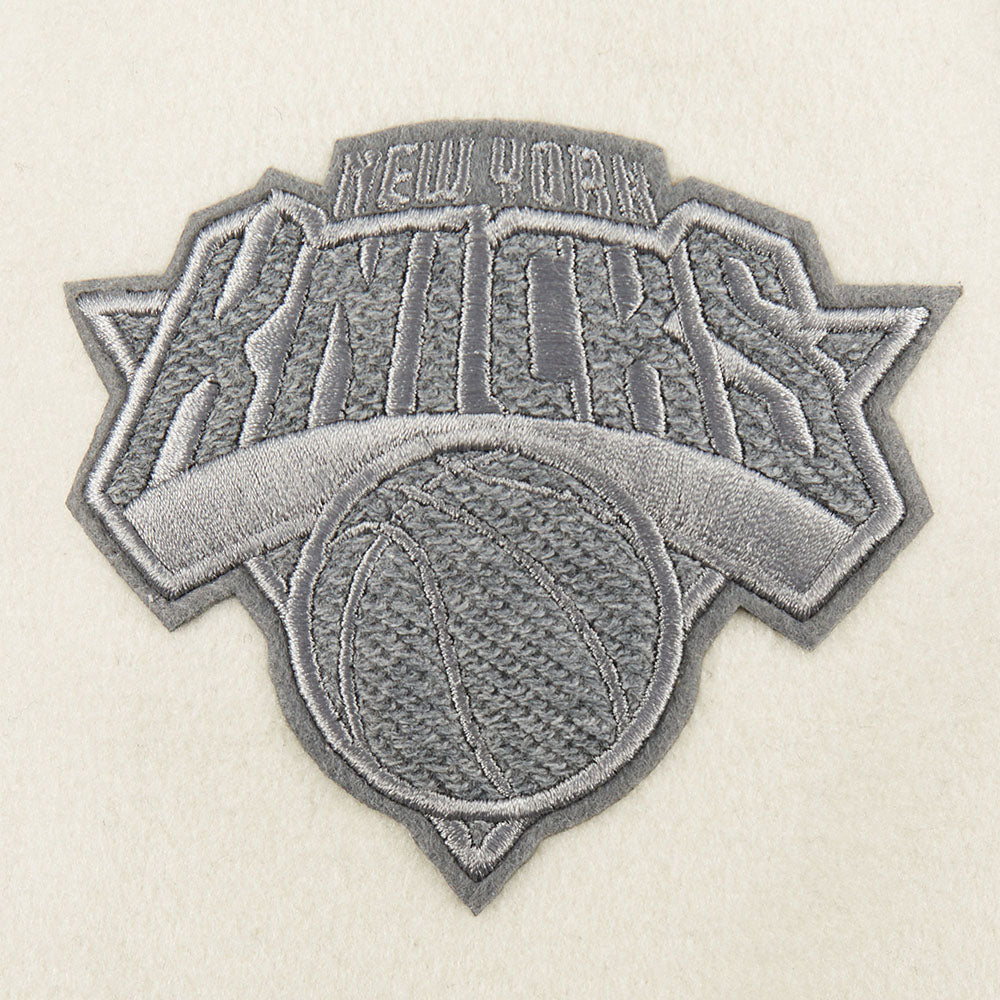 NBA NEW YORK KNICKS REVERSE FRENCH TERRY WOMEN'S WOOL VARSITY JACKET (BLACK/GRAY/EGGSHELL)
