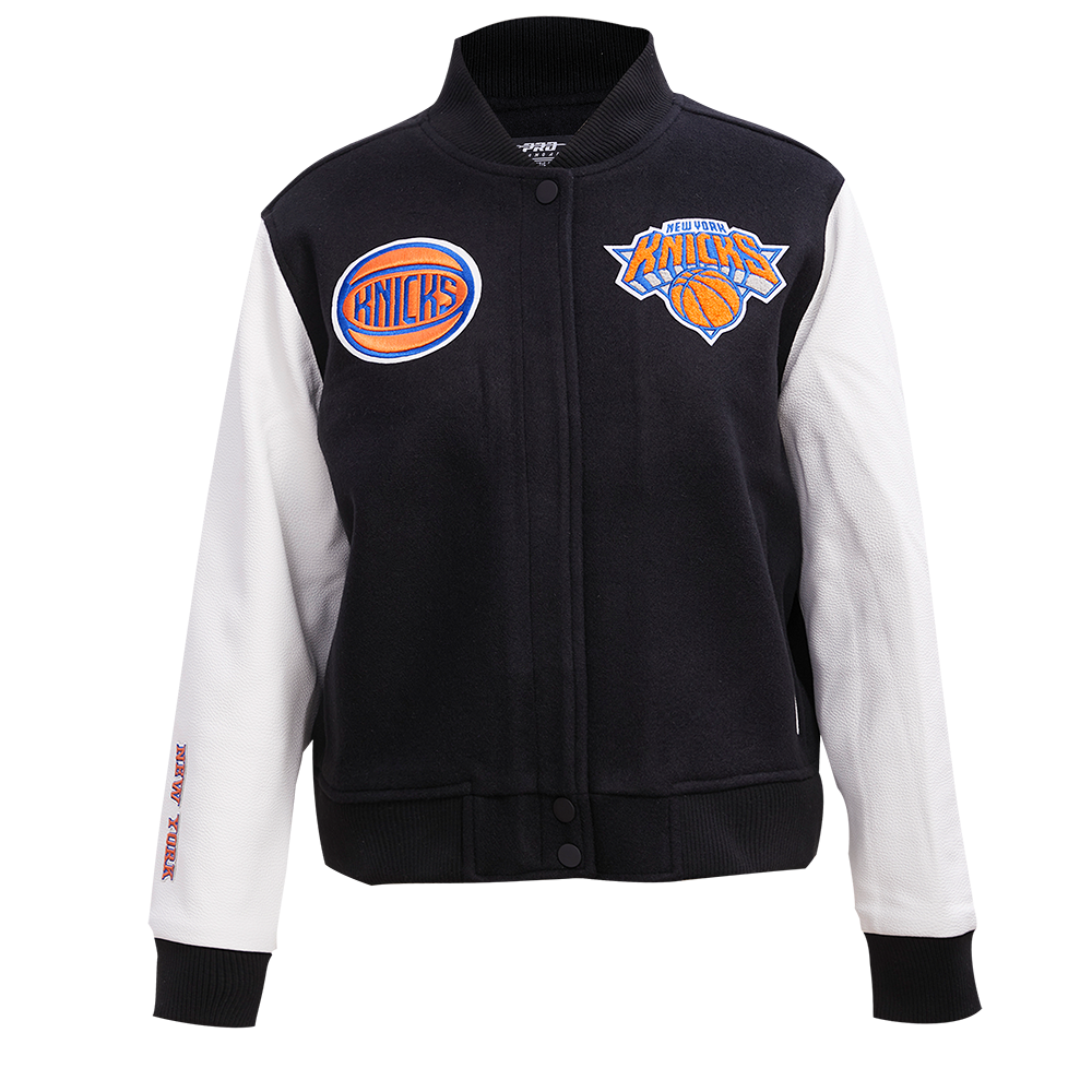 NBA NEW YORK KNICKS CLASSIC BLOUSON COLLÉGIAL EN LAINE POUR FEMME (NOIR/BLANC)