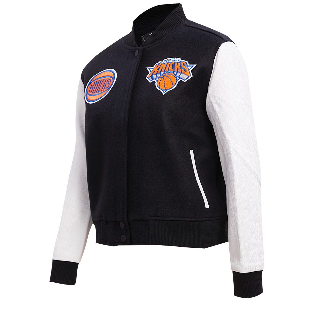 NBA NEW YORK KNICKS CLASSIC BLOUSON COLLÉGIAL EN LAINE POUR FEMME (NOIR/BLANC)