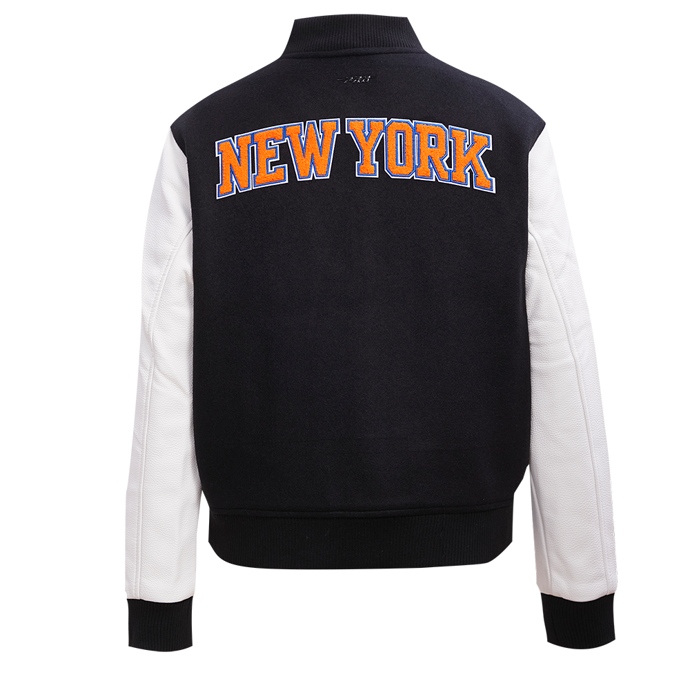 NBA NEW YORK KNICKS CLASSIC BLOUSON COLLÉGIAL EN LAINE POUR FEMME (NOIR/BLANC)
