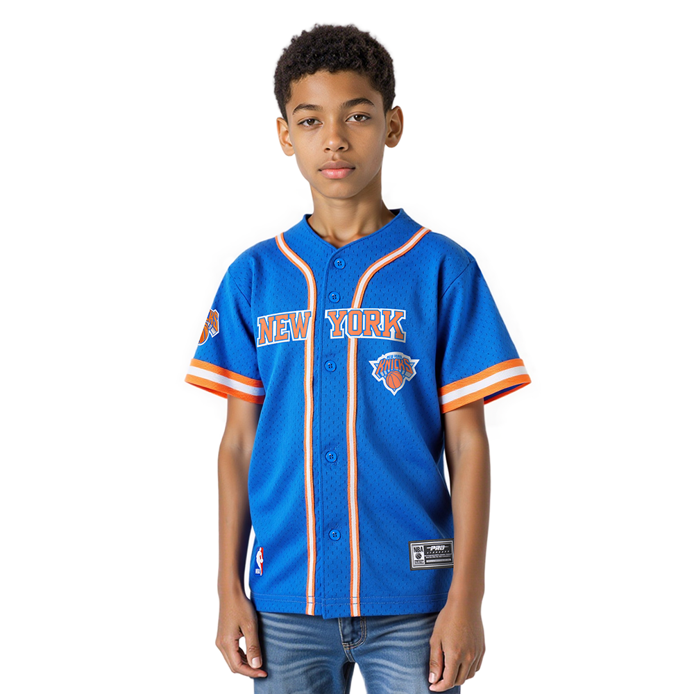 NBA NEW YORK KNICKS CLASSIC LITTLE BOY'S MESH BUTTON DOWN SHIRT (ROYAL BLUE/ORANGE)