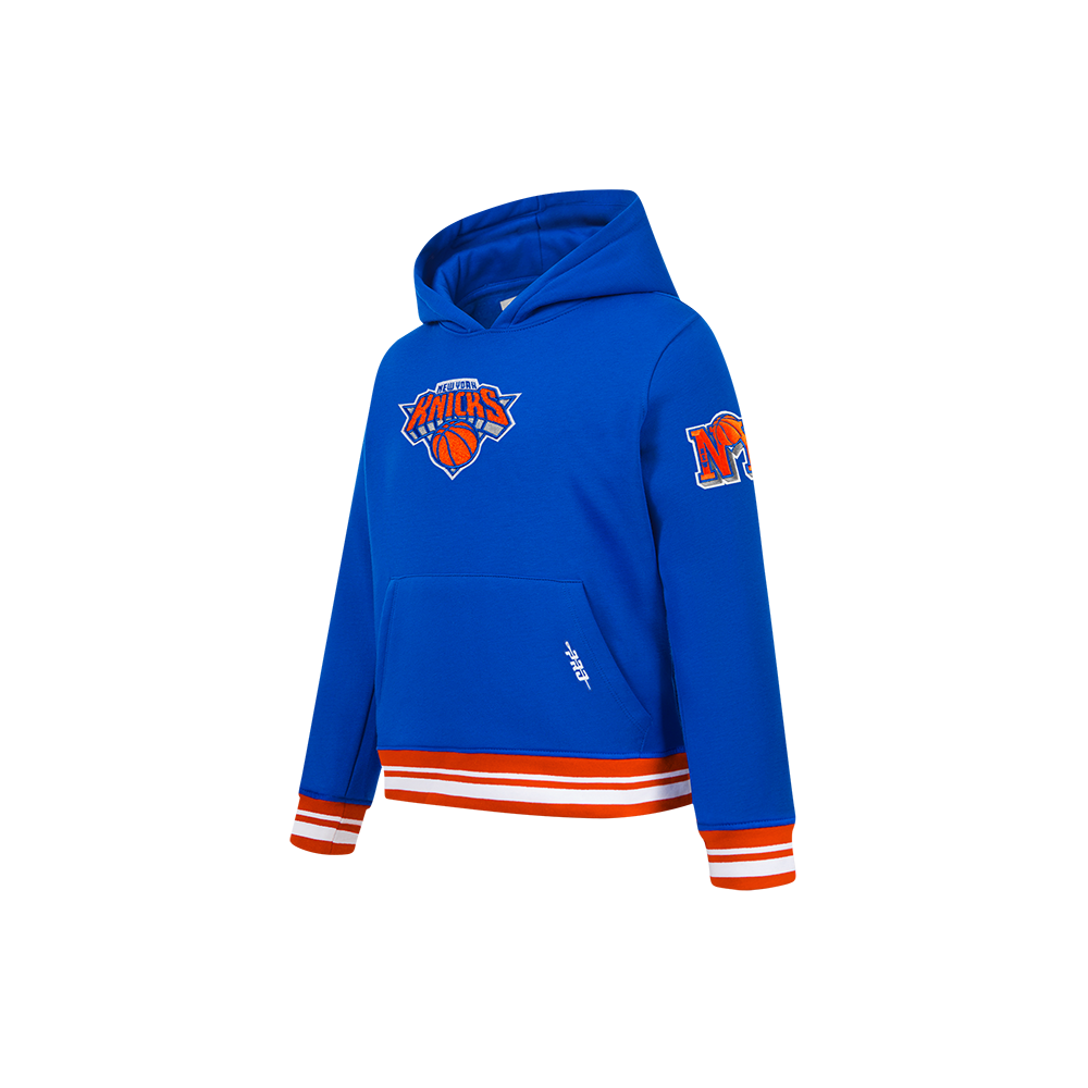 NBA NEW YORK KNICKS RETRO CLASSIC LITTLE BOYS RIB FLEECE PULLOVER HOODIE (ROYAL/ORANGE/ROYAL)