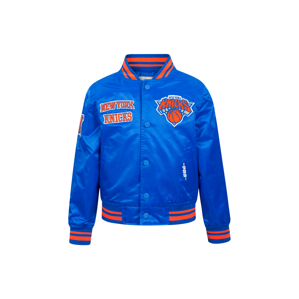 NBA NEW YORK KNICKS RETRO CLASSIC BLOUSON EN SATIN À BORDS CÔTELÉS POUR GARÇON ENFANT (BLEU ROYAL/ORANGE/BLEU ROYAL)