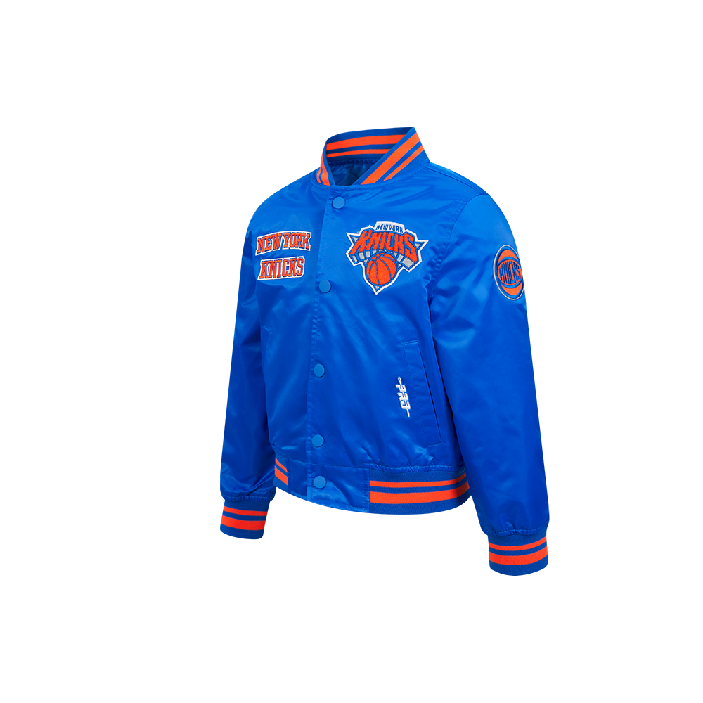 NBA NEW YORK KNICKS RETRO CLASSIC BLOUSON EN SATIN À BORDS CÔTELÉS POUR GARÇON ENFANT (BLEU ROYAL/ORANGE/BLEU ROYAL)