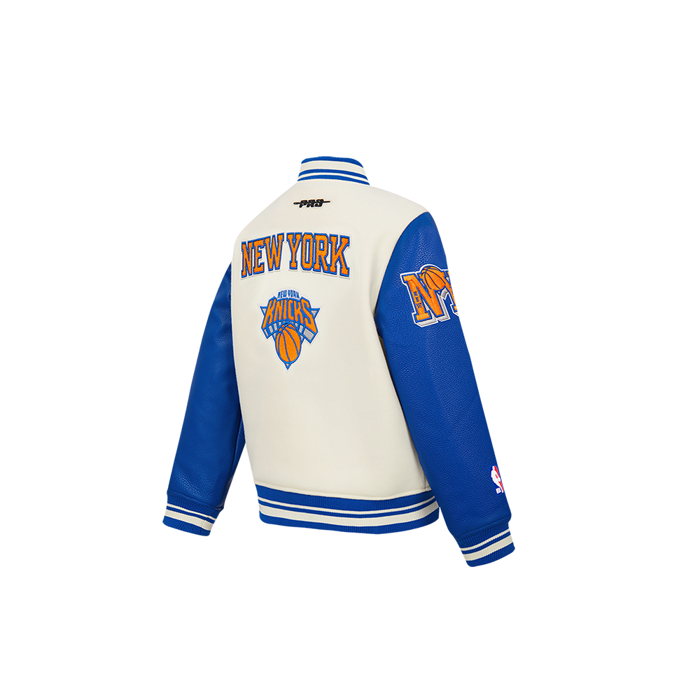 NBA NEW YORK KNICKS RETRO CLASSIC TODDLER BOY'S RIB WOOL VARSITY JACKET (EGGSHELL/ROYAL BLUE)