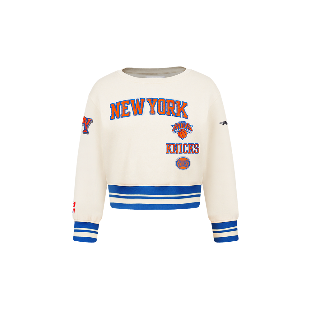 NBA NEW YORK KNICKS RETRO CLASSIC TODDLER GIRL'S RIB FLEECE CREWNECK (EGGSHELL/ROYAL BLUE)