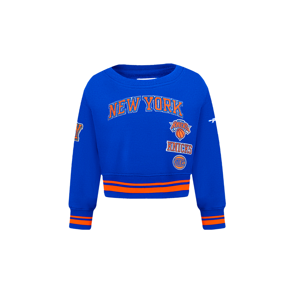 NBA NEW YORK KNICKS RETRO CLASSIC TODDLER GIRL'S RIB FLEECE CREWNECK (ROYAL/ORANGE/ROYAL)