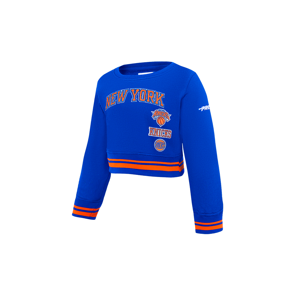 NBA NEW YORK KNICKS RETRO CLASSIC TODDLER GIRL'S RIB FLEECE CREWNECK (ROYAL/ORANGE/ROYAL)