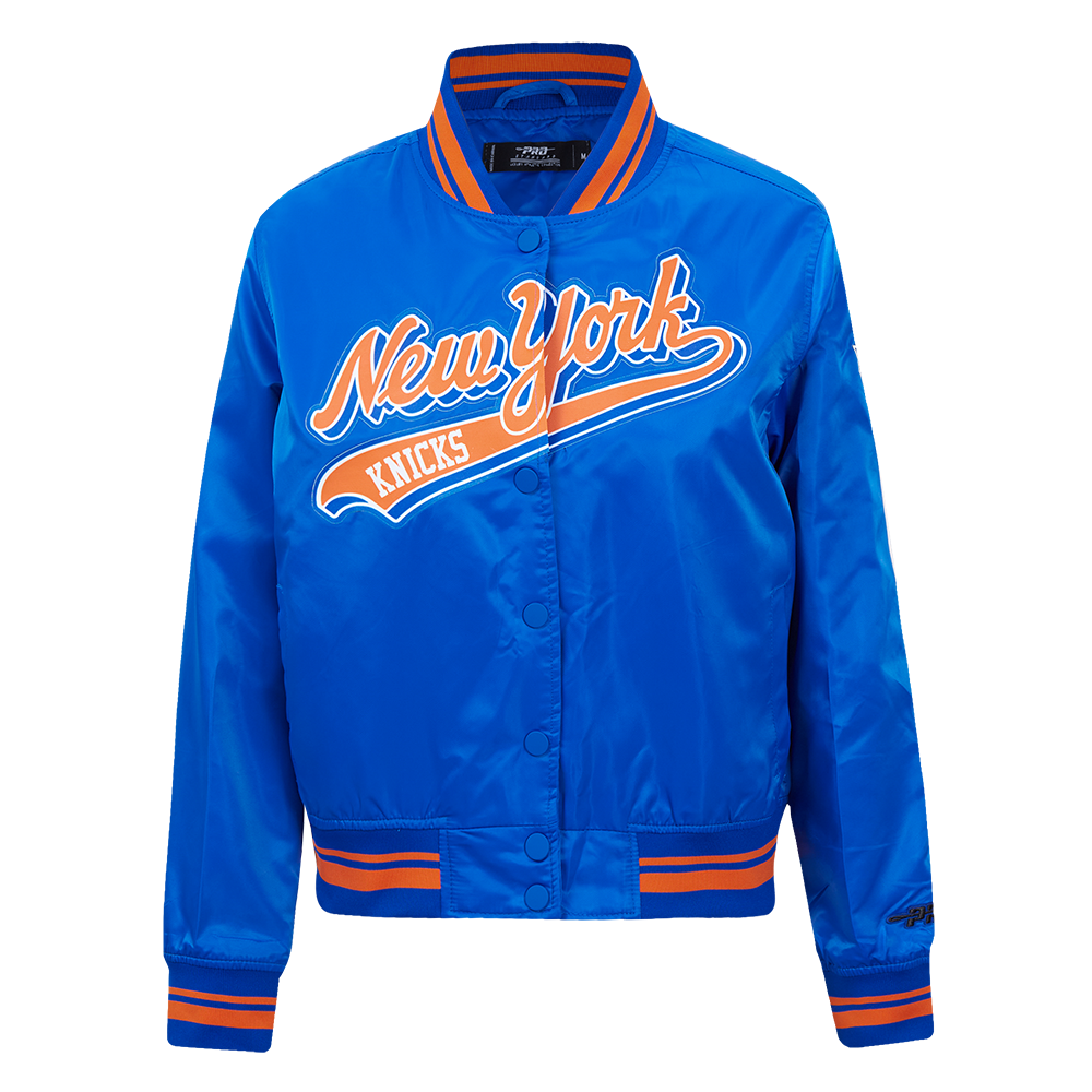 NBA NEW YORK KNICKS SCRIPT TAIL WOMEN'S SATIN JACKET (ROYAL/ORANGE/ROYAL)