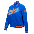 NBA NEW YORK KNICKS SCRIPT TAIL WOMEN'S SATIN JACKET (ROYAL/ORANGE/ROYAL)